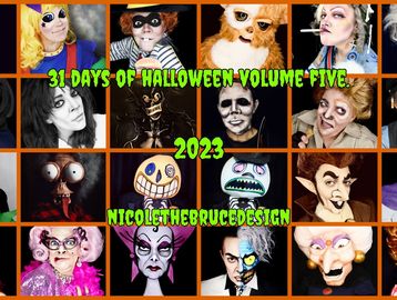 Collage of Halloween makeup and masks, titled 31 Days of Halloween Volume Five 2023.