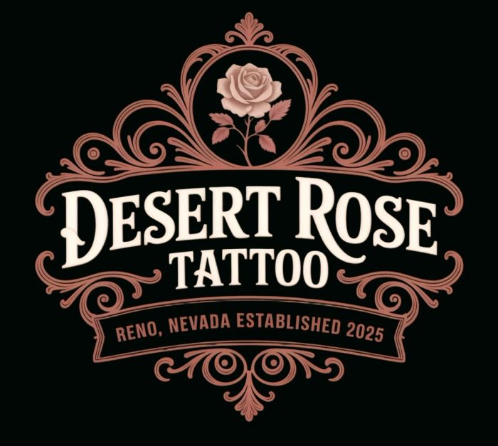 Intricate Desert Rose Tattoo logo with elegant floral design and vintage lettering.
