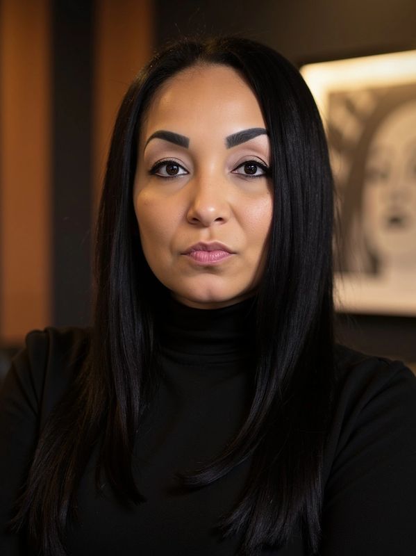 Confident woman with long black hair and bold eyebrows in a black turtleneck.