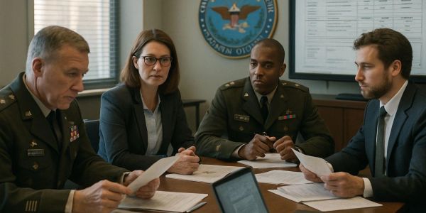 Four professionals in a serious meeting around a table.