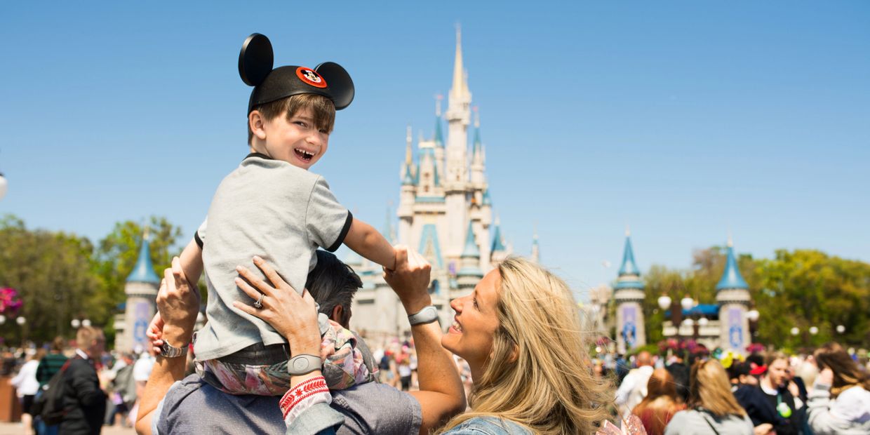 Family at Walt Disney World with son on dads shoulders