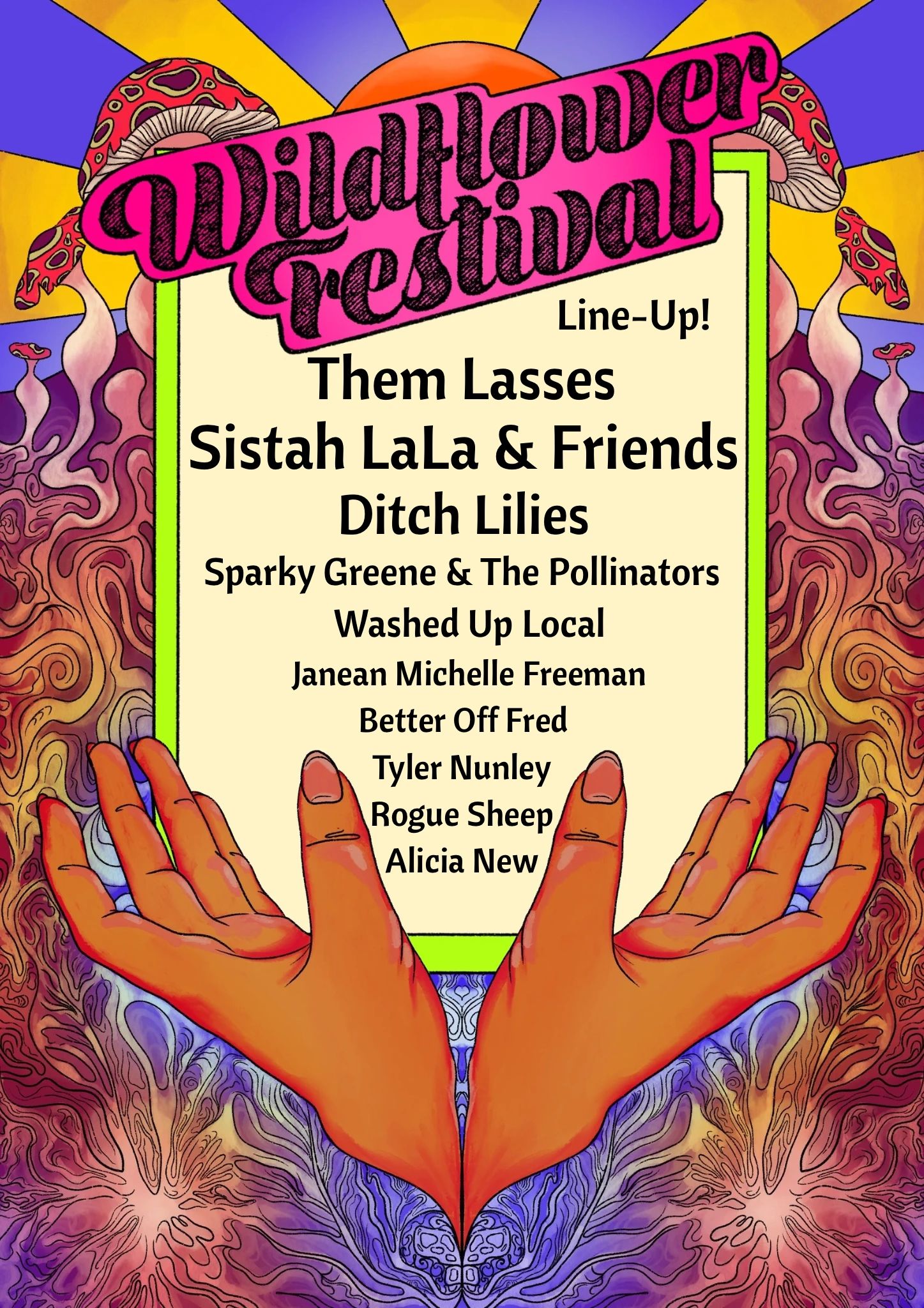 Colorful Wildflower Festival lineup poster with psychedelic art and hands.
