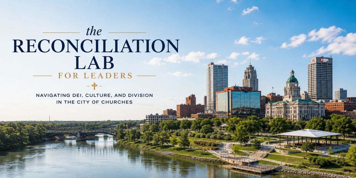 City skyline with a river and text about reconciliation and leadership.