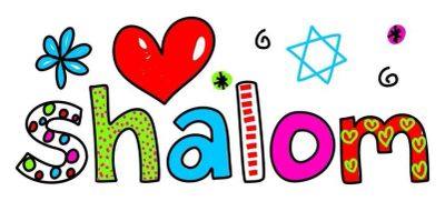 Colorful 'shalom' with hearts and stars.