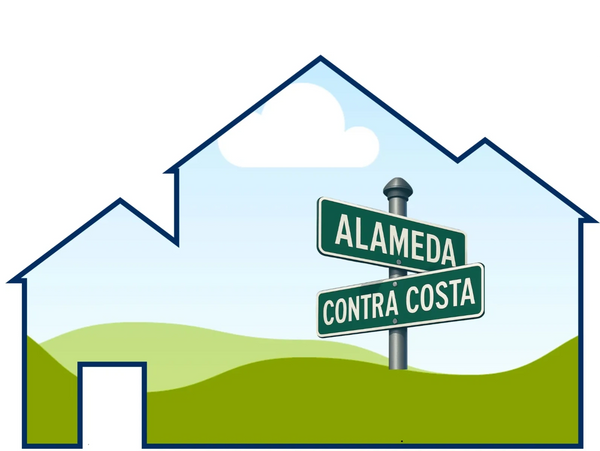 Street signs for Alameda and Contra Costa Counties inside a house outline with hills and sky.