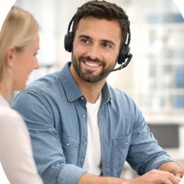 Smiling man wearing headset talking to a woman in a professional setting.