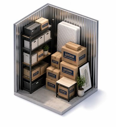 Small storage unit filled with boxes, mattress, and shelves.