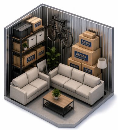 A storage unit converted into a cozy living space with sofas, boxes, a bicycle, and plants.