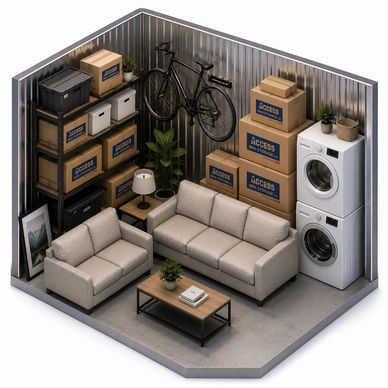 Cozy storage room with furniture, boxes, bike, and washer-dryer units.