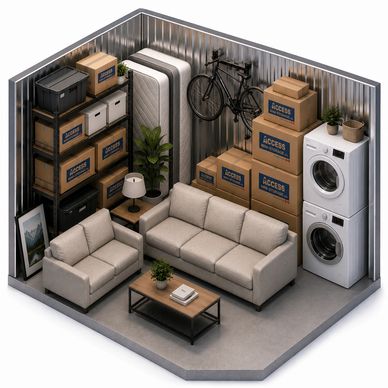 Organized storage unit with furniture, boxes, and laundry appliances.