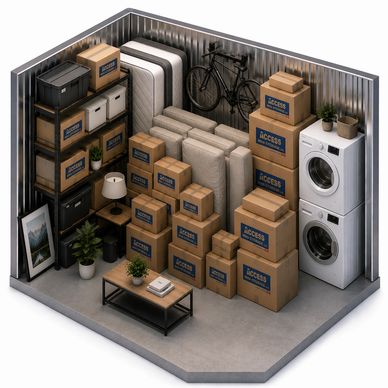 Organized storage unit with boxes, furniture, and appliances.