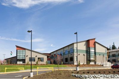 Modern two-story building under a blue sky.