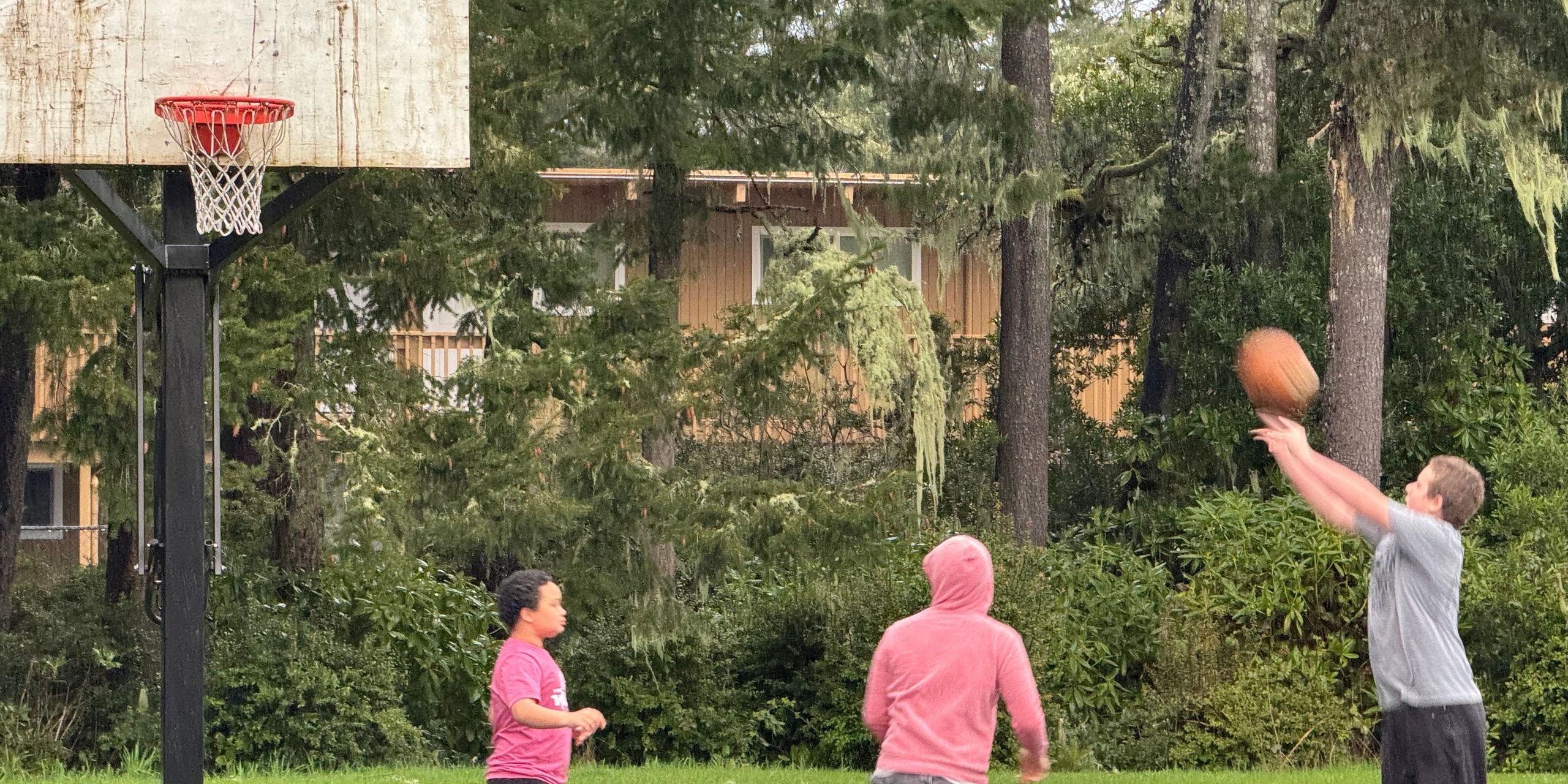 Three boys playing basketball outdoors near trees and a house.