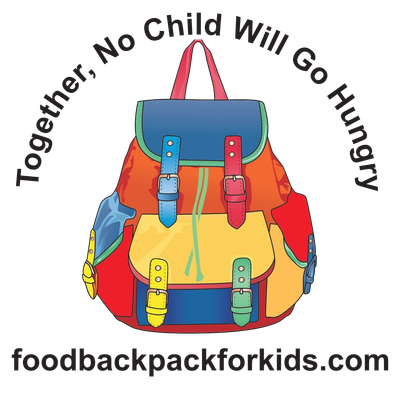 Colorful backpack with text promoting child safety and a website link. Food Backpack For Kids. Together, no child will go hungry. foodbackpackforkids.com