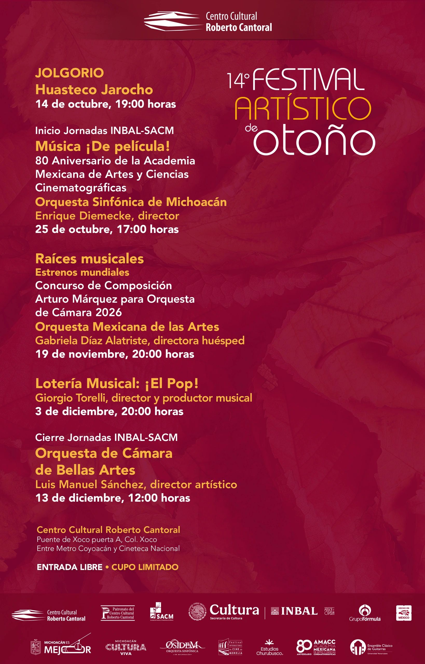 Cartel del 14º Festival Artístico de Otoño en el Centro Cultural Roberto Cantoral.