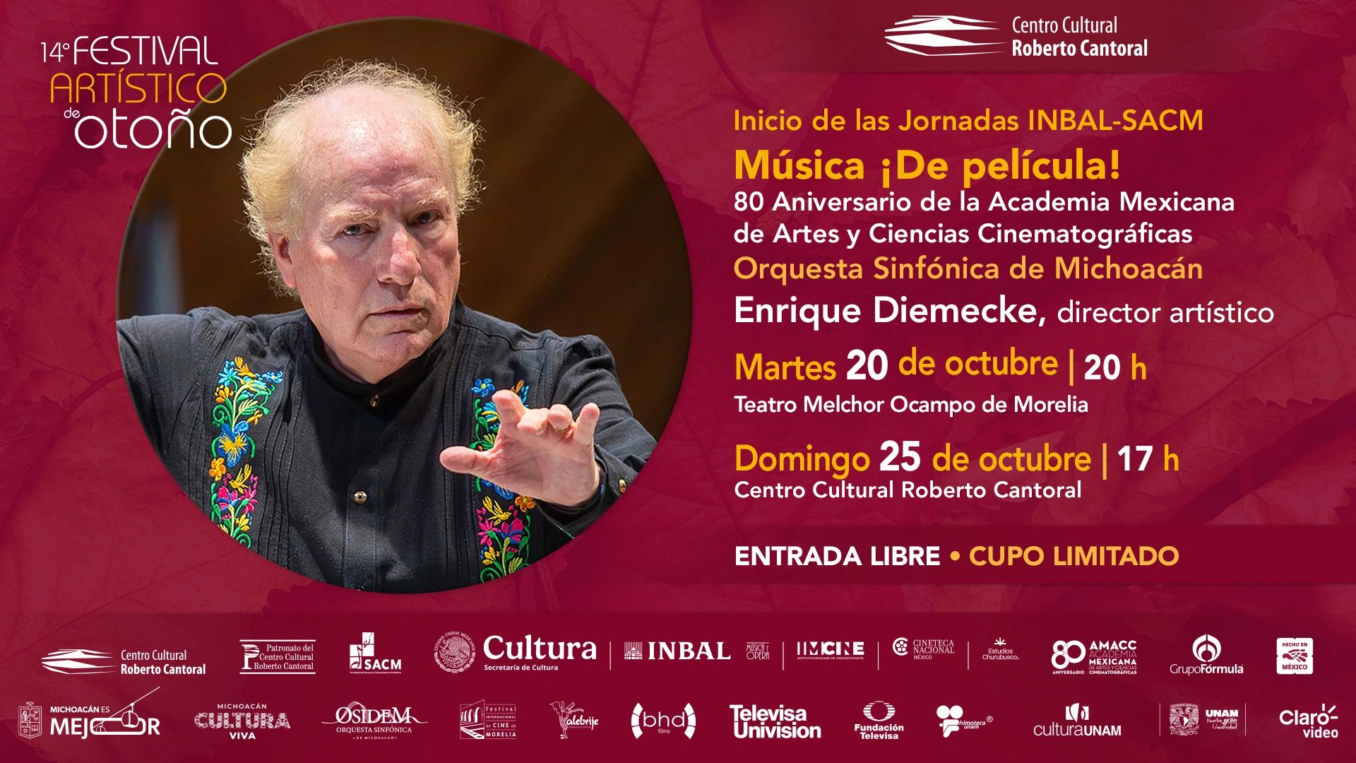 Festival Artístico de Otoño con música de película y Orquesta Sinfónica de Michoacán.