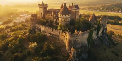 a medieval castle centers the shot sitting above the small town behind as the sun sets 