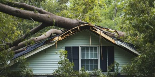 a tree lays upon a damaged rooftop of a house