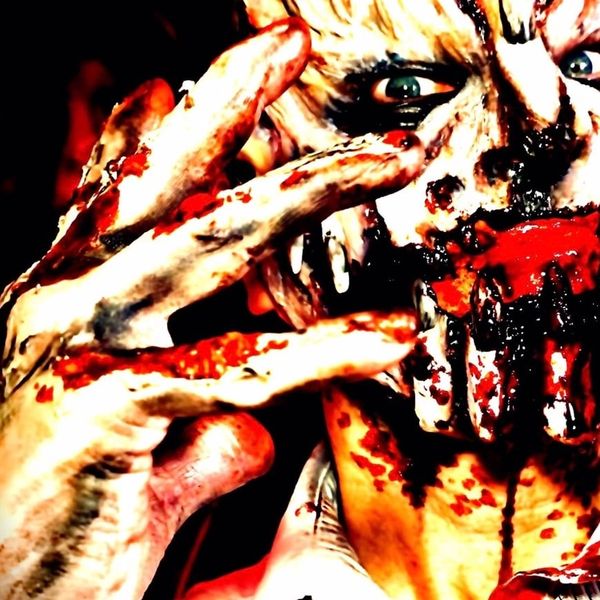 Close-up of a person with intense horror makeup and fake blood.