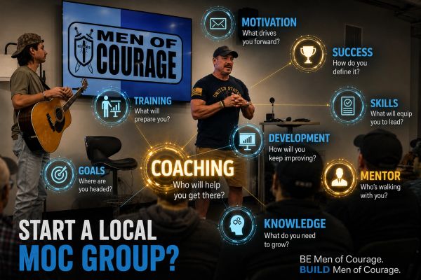 Man coaching guitar players with themes for Men of Courage group.