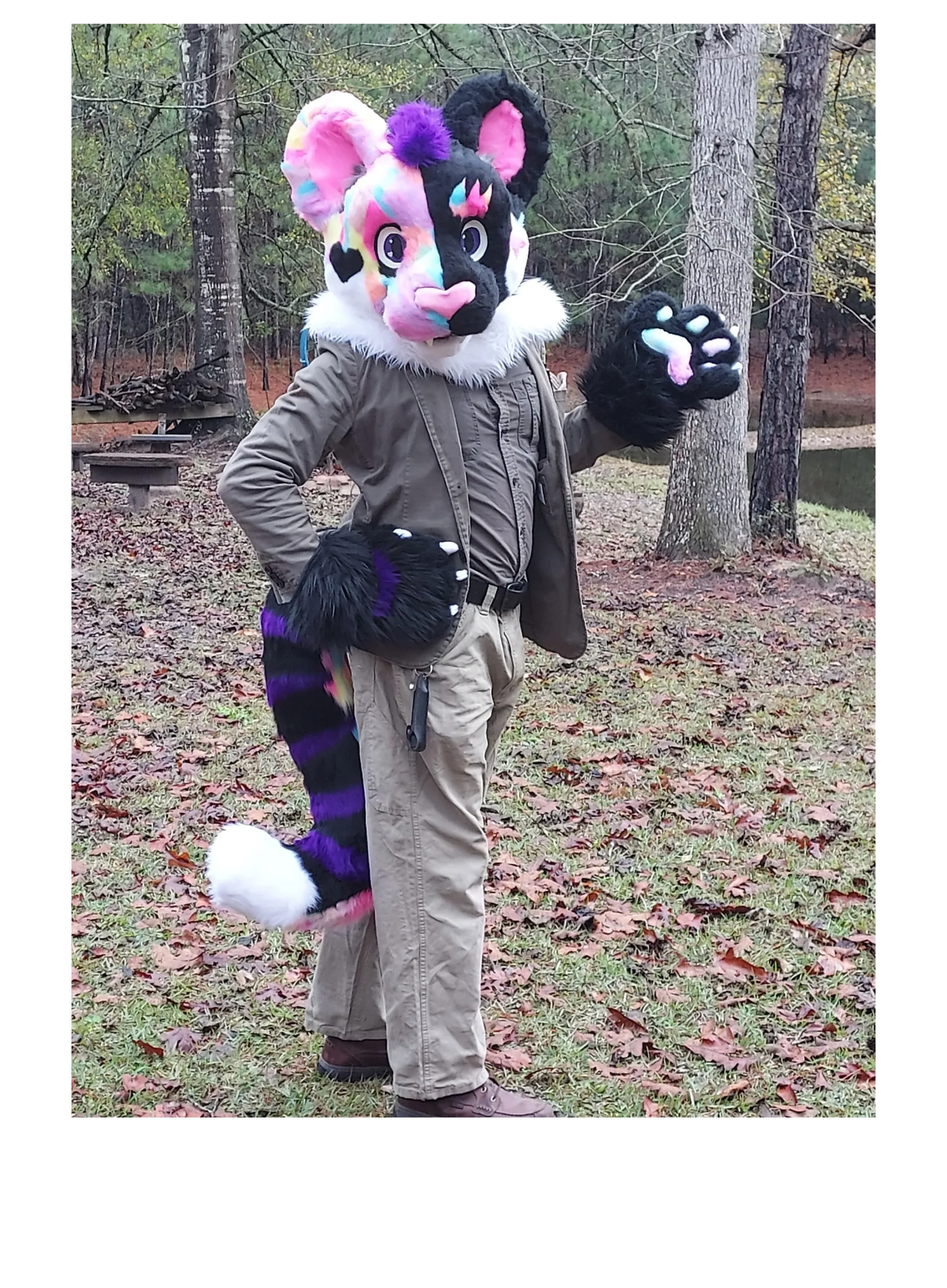 Person in colorful furry costume posing outdoors in autumn.