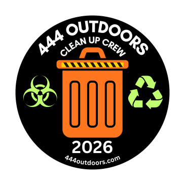 Logo of 444 Outdoors Clean Up Crew featuring a trash bin, biohazard, and recycling symbols.