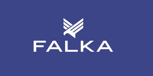 White eagle logo above the word FALKA on a blue background.