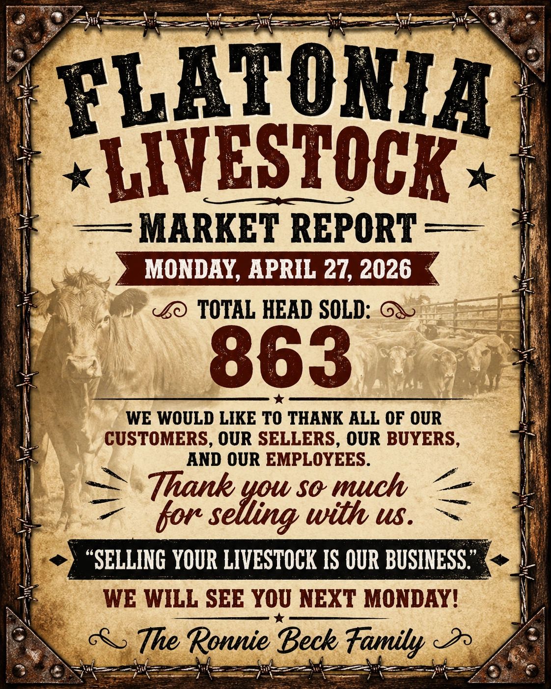 Flatonia Livestock Market report with 863 heads sold on April 27, 2026.