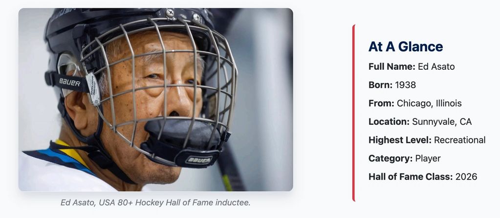 Ed Asato, an 80+ hockey player, wearing a helmet and face guard.