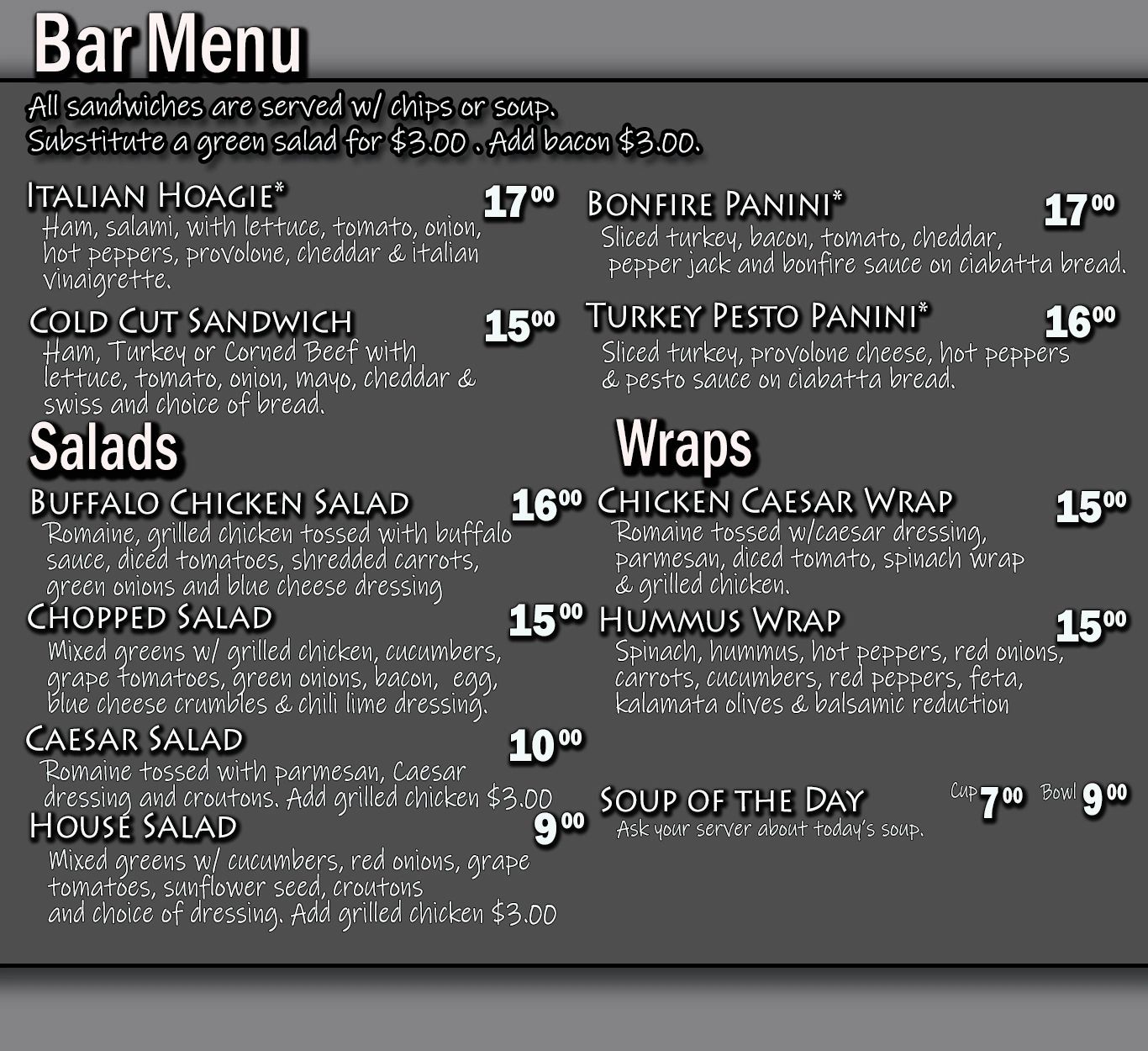 Bar menu featuring sandwiches, salads, wraps, and soup with prices and ingredient details.