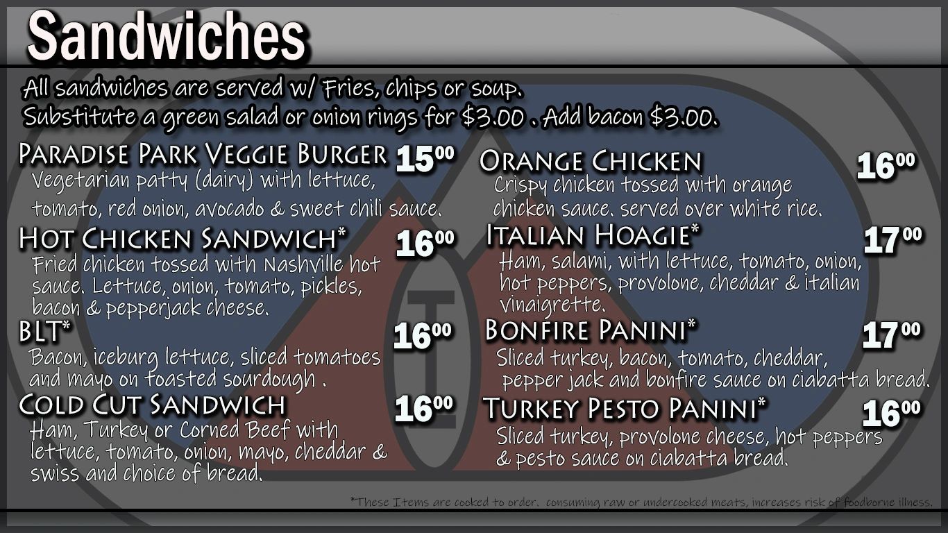 Menu of sandwiches with descriptions and prices, including veggie burger, hot chicken, BLT, and paninis.