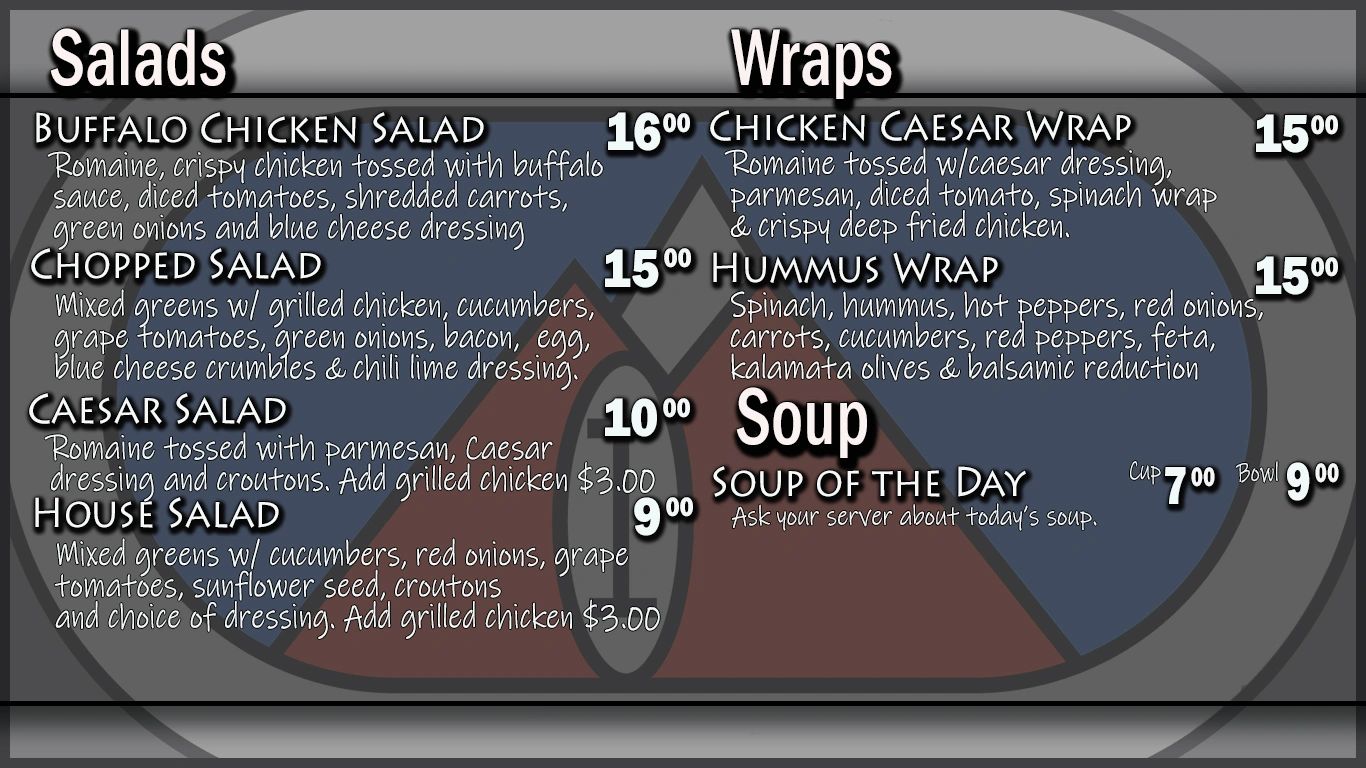 Menu featuring salads, wraps, and soup options with prices and ingredients.