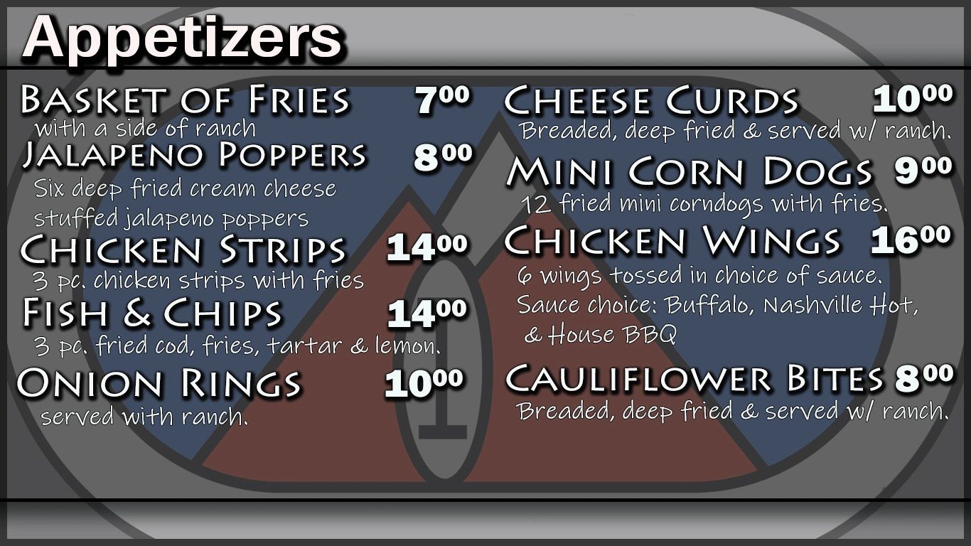 Appetizers menu featuring fries, jalapeno poppers, chicken, fish, and various fried bites with ranch.