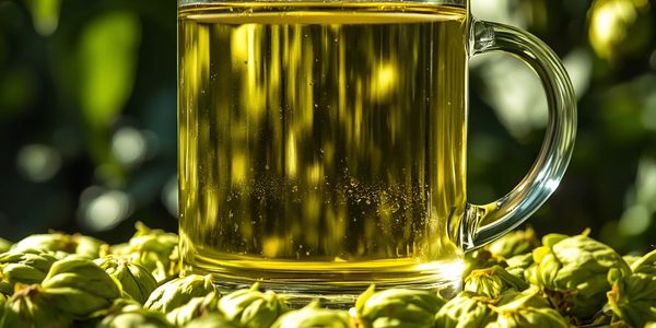 A glass cup filled with herbal tea surrounded by fresh hops.