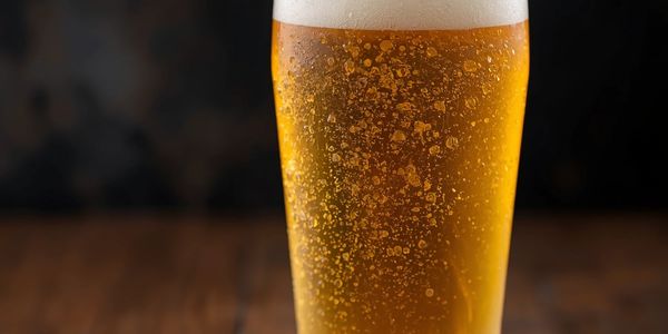 A close-up of a cold, frothy beer in a glass.