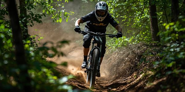 Mountain biker riding through a forest trail kicking up dust.