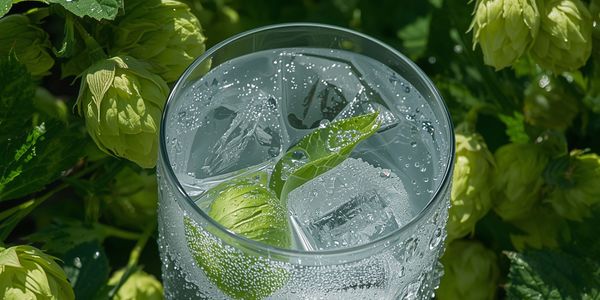A refreshing glass of sparkling water with lime and ice surrounded by hop plants.