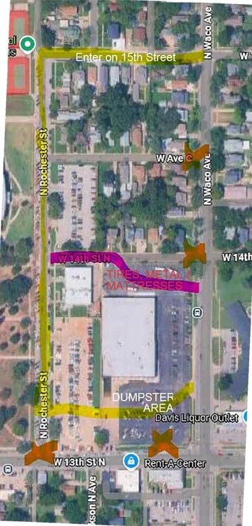 Aerial map highlighting entrance, dumpster area, and disposal spots in a neighborhood.