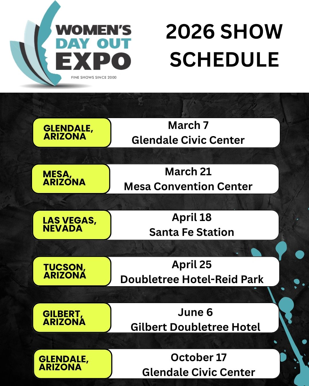 2026 Women's Day Out Expo show schedule with dates and venues in Arizona and Nevada.