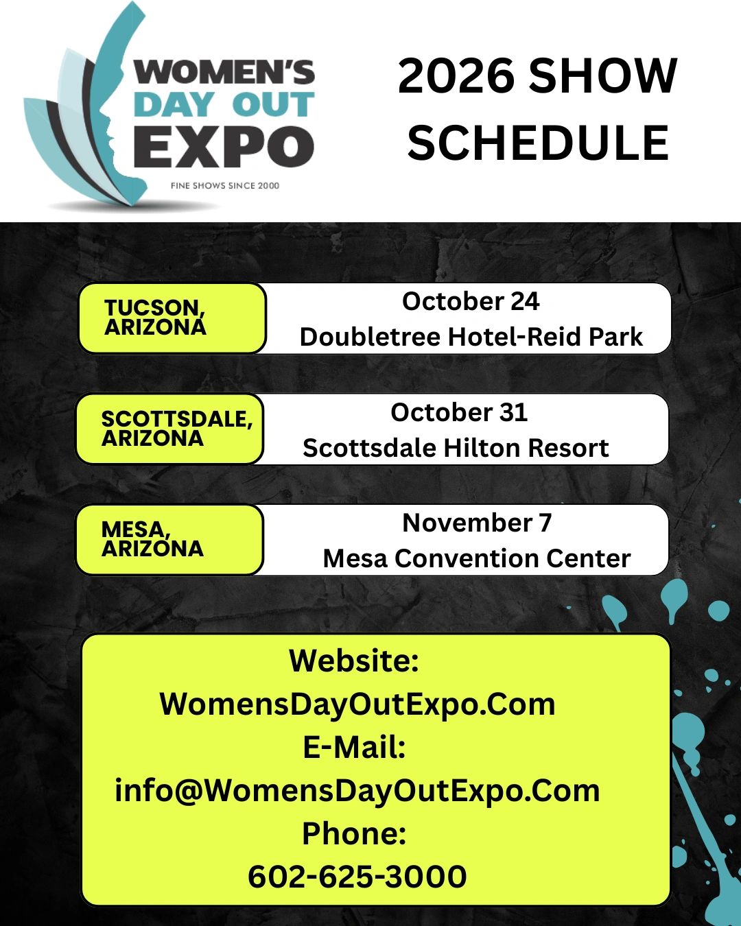 2026 Women's Day Out Expo schedule with dates and locations in Arizona.