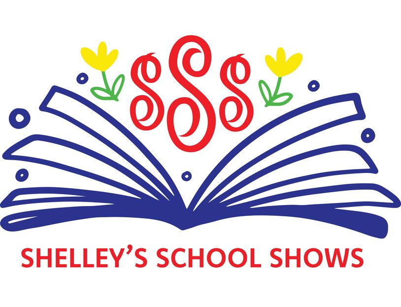 Colorful logo of Shelley’s School Shows with an open book and decorative flowers.