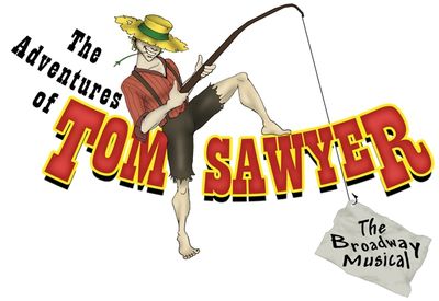 Illustration of Tom Sawyer fishing, promoting a Broadway musical.