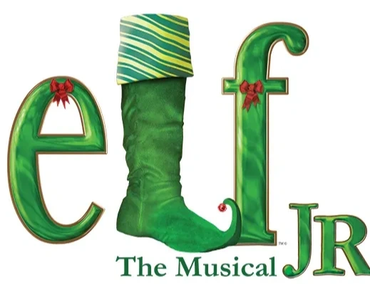 Logo for Elf Jr. The Musical with festive green letters and a boot.