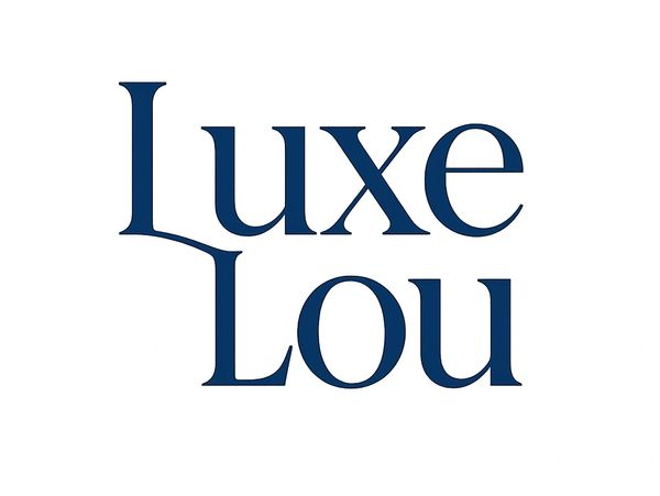 Elegant logo text reading Luxe Lou; in dark blue serif font.