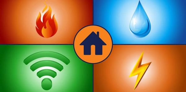 Illustration of a home surrounded by icons for fire, water, Wi-Fi, and electricity.