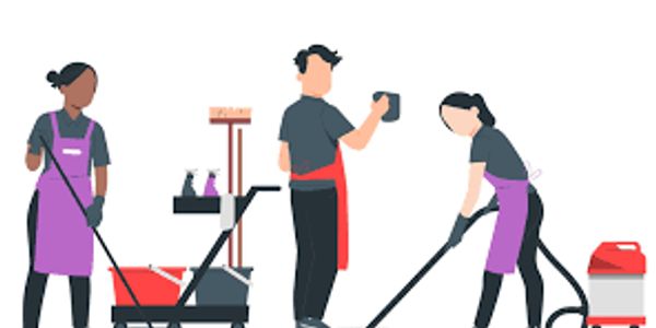 Three people cleaning with various tools in an indoor setting.