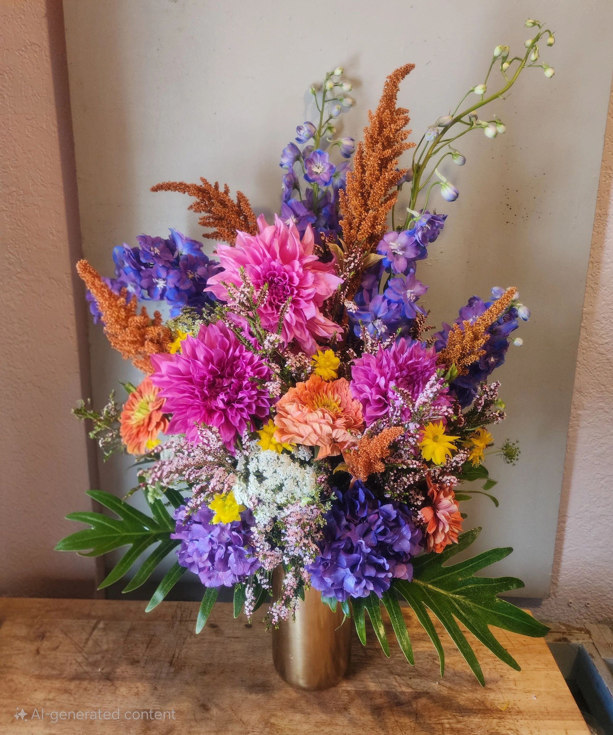 Floral arrangement,  with fuschia dahlias, hybrid blue/lavender delphiniums,  green mist, bronze sta