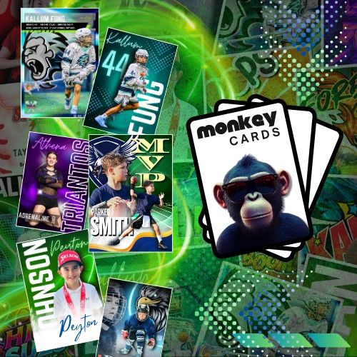 A vibrant collage of sports trading cards and a playful Monkey Cards logo featuring a cool chimpanzee.