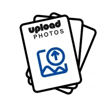 Icon showing photo upload cards with an upload symbol.