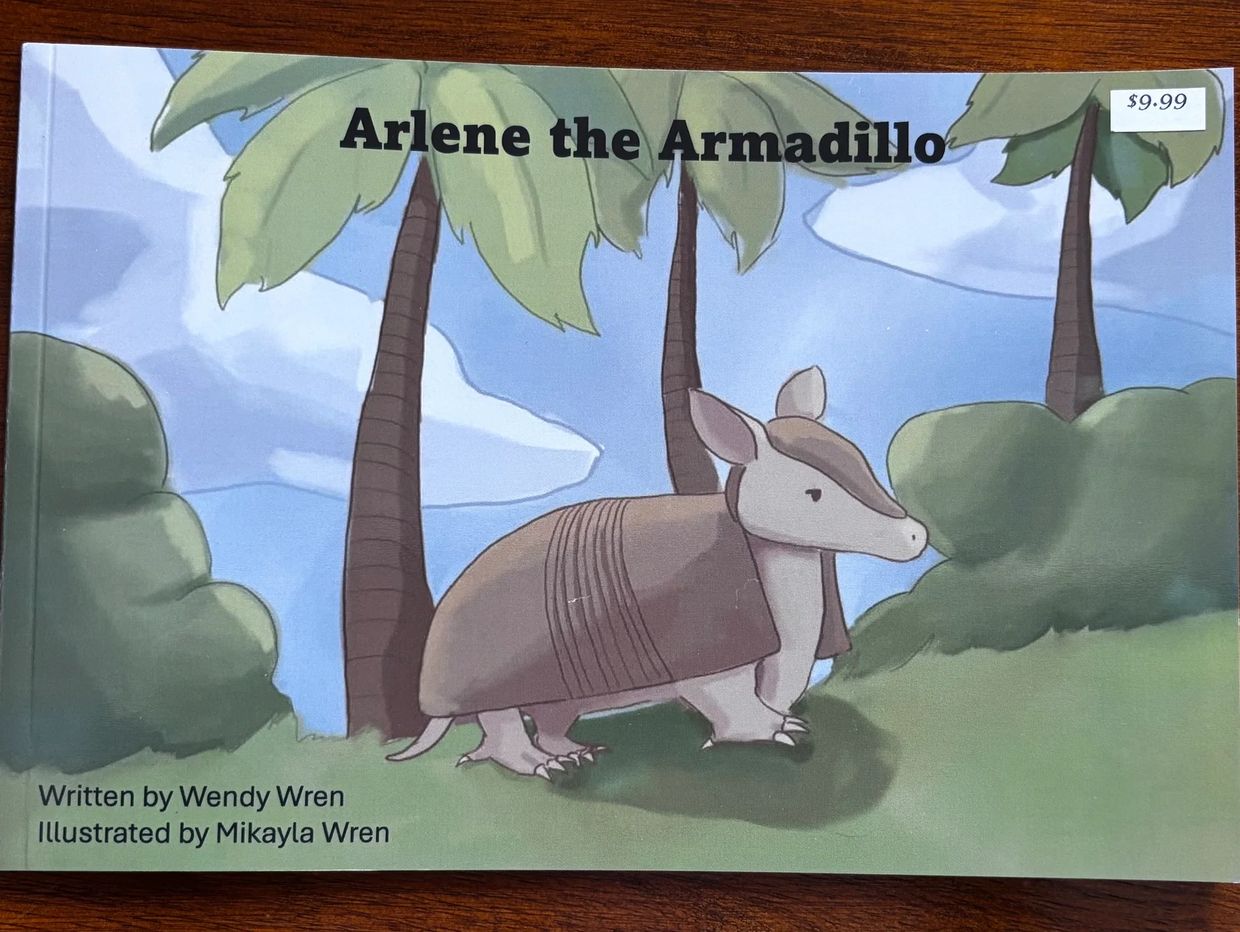 Children's book cover featuring Arlene the Armadillo in a tropical setting with palm trees.